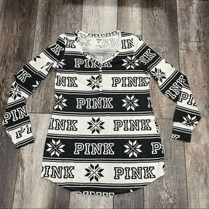 Victorias Secret PINK Thermal Sleep Pajama Top Black White Snowflake Lounge Med